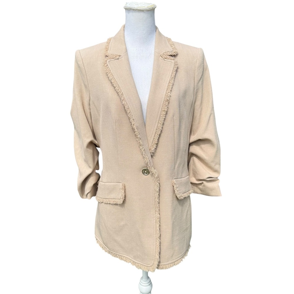Tommy Hilfiger Womens Beige Fringed Trim Ruched Sleeve Blazer Jacket Size 12